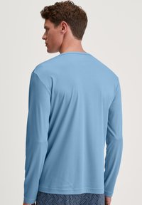 Lange mouwen shirt in lichtblauw, gemaakt van zachte stof. Heeft een ronde halslijn en een relaxte pasvorm, met zichtbare stikdetails op de schoudernaden.