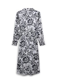 Robe à fleurs avec un motif noir et blanc, manches longues, col boutonné et taille cintrée. Texture de tissu lisse.