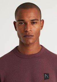 Sudadera burdeos con cuello redondo, puños de canalé y un pequeño parche negro con el logo en el pecho. Tejido de algodón con una textura suave.