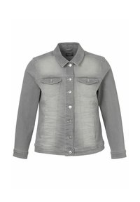 Grijze denim jas met een klassieke kraag, knoopsluiting, twee borstzakken en een vervaagde afwerking. Heeft lange mouwen en een gestructureerde pasvorm.