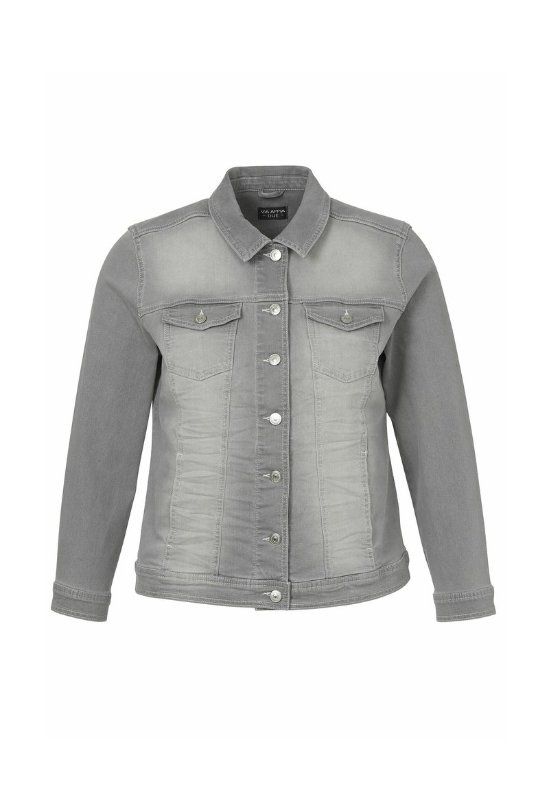 Grijze denim jas met een klassieke kraag, knoopsluiting, twee borstzakken en een vervaagde afwerking. Heeft lange mouwen en een gestructureerde pasvorm.