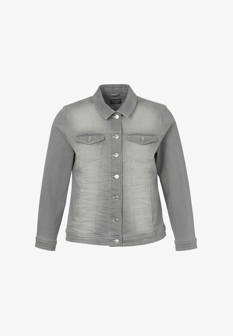 Grijze denim jas met een klassieke kraag, knoopsluiting, twee borstzakken en een vervaagde afwerking. Heeft lange mouwen en een gestructureerde pasvorm.