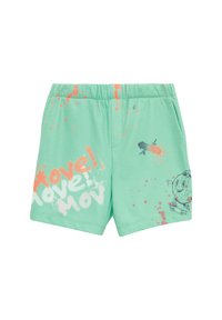 Minzgrüne Baumwollshorts mit einem elastischen Bund, die farbenfrohe Spritzmuster und verspielte Grafiken eines Charakters aufweisen.