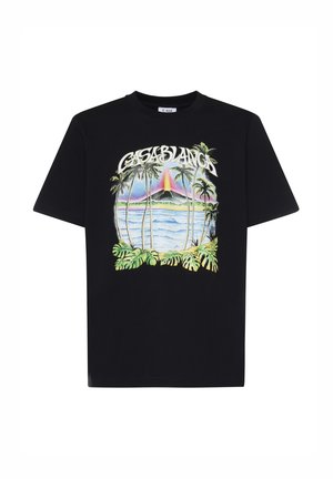 T-shirt noir à manches courtes avec un design tropical coloré de palmiers, vagues océaniques et volcan, avec le texte "CASABLANCA" en haut.