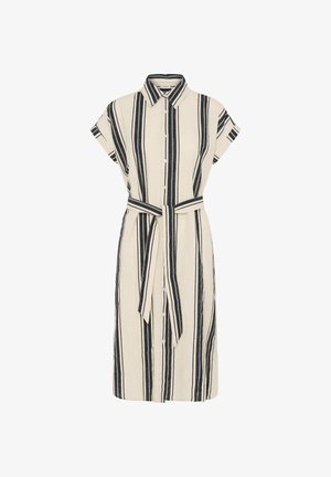 Bézs térdig érő ingruha rövid ujjakkal, függőleges fekete csíkokkal, elöl gombokkal, gallérral és a deréknál megkötött, azonos anyagból készült övvel.