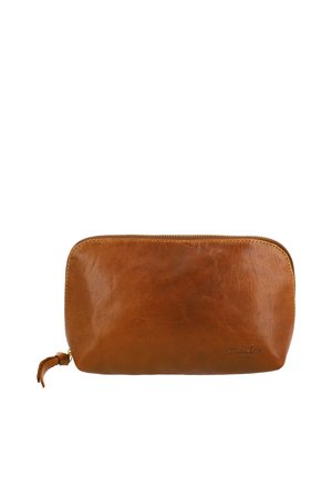Brown leather zippered pouch with rounded corners and a leather zipper pull tab, shown on a white background.