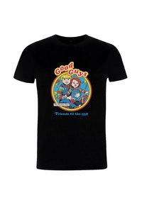 Schwarzes Baumwoll-T-Shirt mit einem bunten Grafikdesign von zwei Charakteren, darunter der Text "Gute Jungs" und "Freunde bis zum Ende".