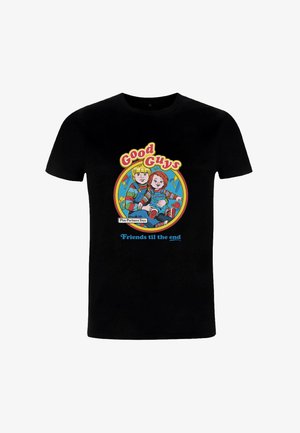 Černé bavlněné tričko s barevnou grafikou dvou postav, pod obrázkem je text "Dobří kluci" a "Přátelé až do konce".