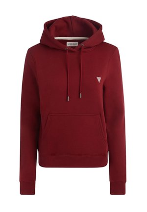 Sudadera con capucha color granate, con bolsillo tipo canguro, capucha con cordón, puños y dobladillo de canalé, y pequeño logotipo triangular de Guess en el pecho izquierdo.