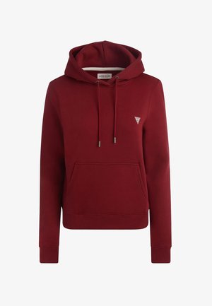 Bordeaux-roter Kapuzenpulli mit Kängurutasche, Kordelzugkapuze, gerippten Bündchen und Saum sowie kleinem dreieckigen Guess-Logo auf der linken Brust.