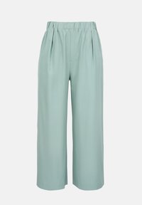 Pantalon large vert clair avec plis à la taille, en tissu lisse, présentant une coupe décontractée et sans éléments métalliques visibles.