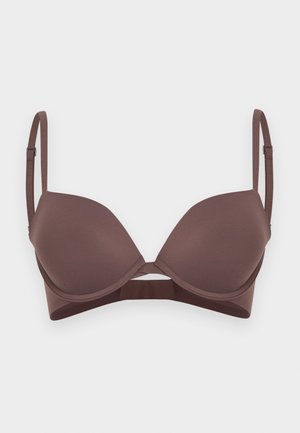 Reggiseno imbottito marrone con spalline regolabili e ferretto, mostrato disteso su uno sfondo chiaro.