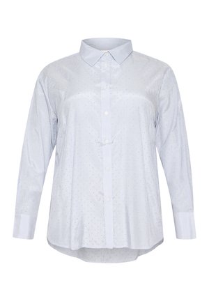 Camicetta azzurra chiara a maniche lunghe con colletto a bottoni, caratterizzata da righe bianche e piccoli punti testurizzati su tutta la stoffa.