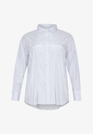 Šviesiai mėlynas ilgomis rankovėmis marškinis su apykakle, užsegama mygtukais, su baltomis juostelėmis ir mažomis tekstūruotomis taškais visame audinyje.