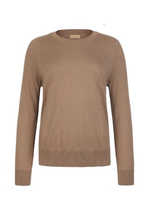 Lysbrun langærmet sweater lavet af blød, tekstureret stof. Har en rund halsudskæring og tætsiddende manchetter, med en ribbet kant forneden.