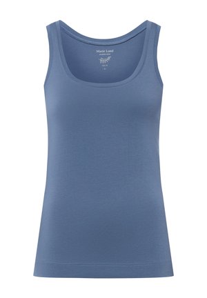 Débardeur bleu ajusté sans manches en coton haut de gamme avec encolure arrondie, taille petite.