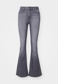 Vaqueros de mezclilla gris de pierna acampanada con cintura alta, que cuentan con un clásico diseño de cinco bolsillos y una textura suave. Aberturas de pierna anchas en el dobladillo.