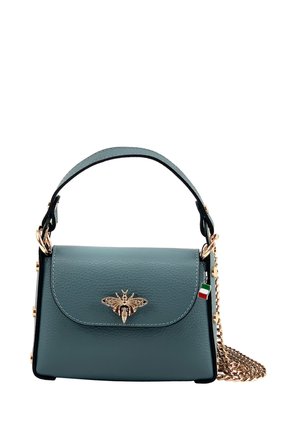 Teal leather handbag with gold bee emblem on flap, short handle, Italian flag tag, and detachable gold chain strap on white background.