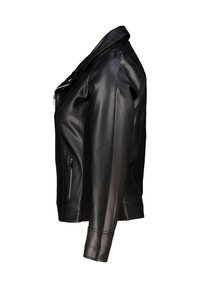 Zwarte leren jas met een gestructureerde silhoutte, ritsluiting, zijzakken en een gladde textuur. Beschikt over een klassieke kraag en getailleerde mouwen.