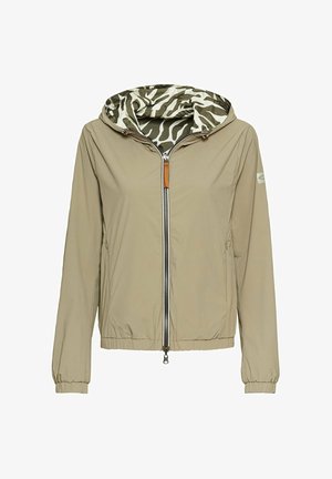 Beige leichte Jacke mit Reißverschluss, elastischen Bündchen und einer Kapuze, die mit einem grün-weißen Zebra-Muster gefüttert ist.