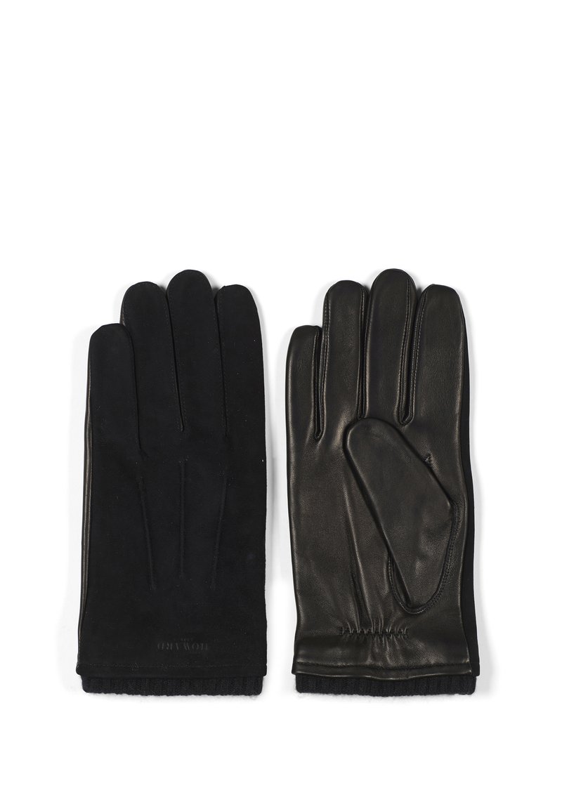 Sorte skinnhansker med glatte og teksturerte paneler, fem-fingerdesign og ribbet stoff ved håndleddet for varme.