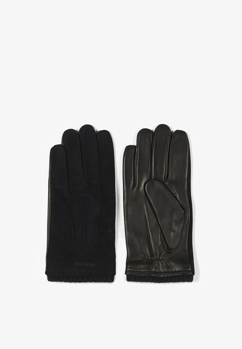 Sorte skinnhansker med glatte og teksturerte paneler, fem-fingerdesign og ribbet stoff ved håndleddet for varme.