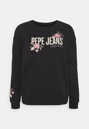 Sweat-shirt noir à manches longues avec l'inscription "PEPE JEANS London" et une broderie florale rose sur la poitrine et la manche gauche.