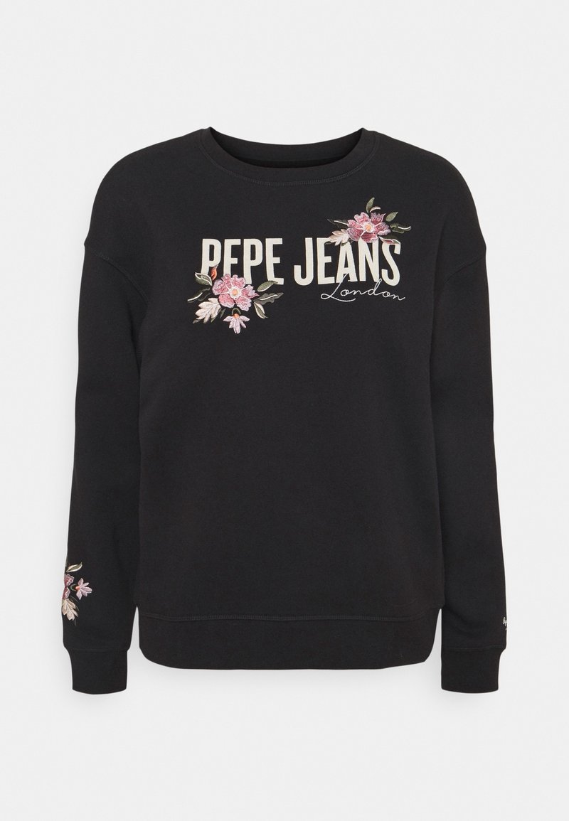 Sweat-shirt noir à manches longues avec l'inscription "PEPE JEANS London" et une broderie florale rose sur la poitrine et la manche gauche.