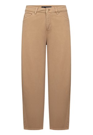 Light brown straight-leg pants with front button, zipper closure, belt loops, and front pockets shown on a white background.