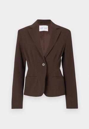 Rudas švarkas su struktūrizuotu dizainu, vienu mygtuku, įpjovomis apykaklėmis, dviem priekinėmis kišenėmis ir lygiu audinio tekstūru.