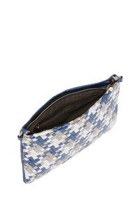 Woven clutch bag with a blue, silver, and white pattern. Features a zip closure and an interior pocket. Material appears textured and soft.