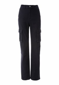 Schwarze Cargo-Hose mit hoher Taille, ausgestattet mit zwei Seitentaschen, geraden Beinen und strapazierfähigem Baumwollmaterial. Einfaches Design mit minimalen Akzenten.