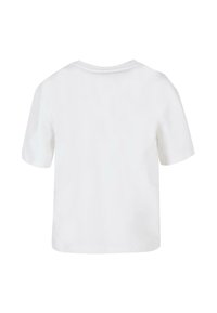 T-shirt en coton blanc à manches courtes, col rond côtelé et coupe décontractée. Texture lisse, design uni sans motifs ni accents visibles.
