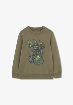 Sweatshirt vert olive avec un graphique d'un serpent enroulé autour d'une guitare électrique verte et le texte stylisé « Voltage » au-dessus.