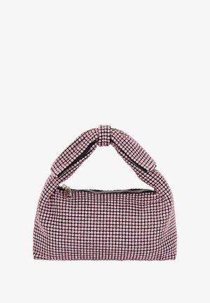 Lyserød tekstureret håndtaske med en knyttet hank, der har lynlåslukning og et gittermønster af små reflekterende firkanter.