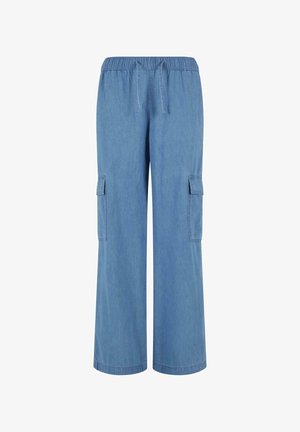 Light blue denim cargo pants with a relaxed fit, elastic waistband, and two side cargo pockets for added functionality.