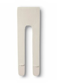 Collants côtelés beiges avec une large ceinture et un design avec pieds ; texture lisse avec une zone de pointe renforcée. Convient à divers ensembles.