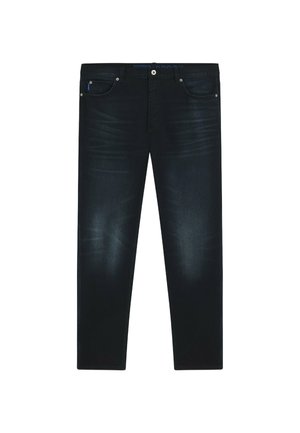 Jeans in denim scuro con un fit slim, dotati di cinque tasche, chiusura con bottone e zip, e una leggera scoloritura lungo le gambe.