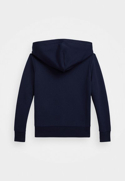 Felpa blu navy con un ampio cappuccio, maniche lunghe e polsini a coste. Realizzata in un tessuto morbido con una superficie liscia, priva di motivi o componenti visibili.