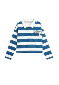 Blå och vit randig långärmad piké med krage. "California" och "Los Angeles Championship" tryckt på bröstet. Dekorativt patch inkluderat.