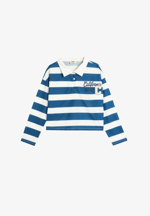 Blå og hvidstribet langærmet polo skjorte med krave. "California" og "Los Angeles Championship" trykt på brystet. Dekorativt patch inkluderet.