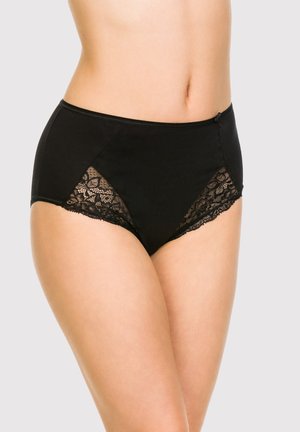 Czarne majtki z wysokim stanem, wykonane z gładkiego materiału, z koronkowymi panelami po bokach. Charakteryzują się misternymi kwiatowymi wzorami wzdłuż brzegów.