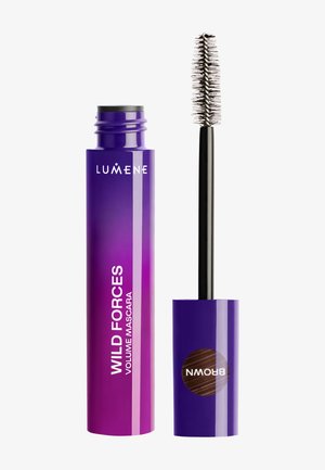 Purple Lumene Wild Forces volume mascara tube next to opened wand with black handle and brown bristle brush.