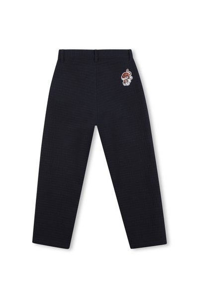 Pantalons navy en tissu texturé, présentant un design brodé décoratif sur le devant. Coupe droite avec une taille.