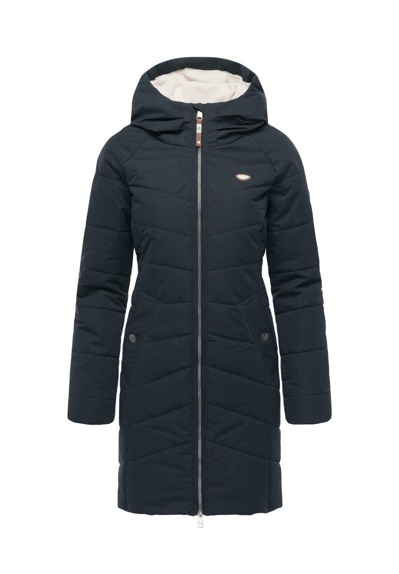 Quilted navy blue jacket with a hood, featuring a front zipper, two side pockets, and a soft, textured inner lining.