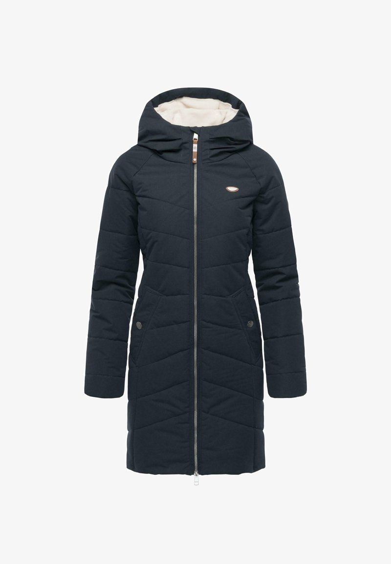Quilted navy blue jacket with a hood, featuring a front zipper, two side pockets, and a soft, textured inner lining.