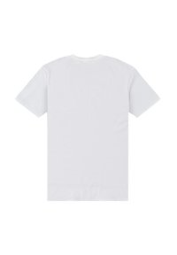 T-shirt bianco in cotone con maniche corte, girocollo e textura liscia. Nessun motivo o design visibile sul retro.