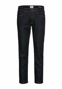 Granatowe dżinsy o regularnym kroju, z pięcioma kieszeniami, zamkiem błyskawicznym oraz delikatnymi akcentami przeszycia. Gładka faktura, klasyczny design.