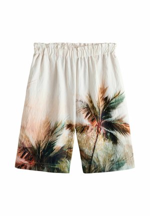Hvide shorts med elastisk talje og trykt design af palmer og tropisk løv i grønne og brune nuancer.
