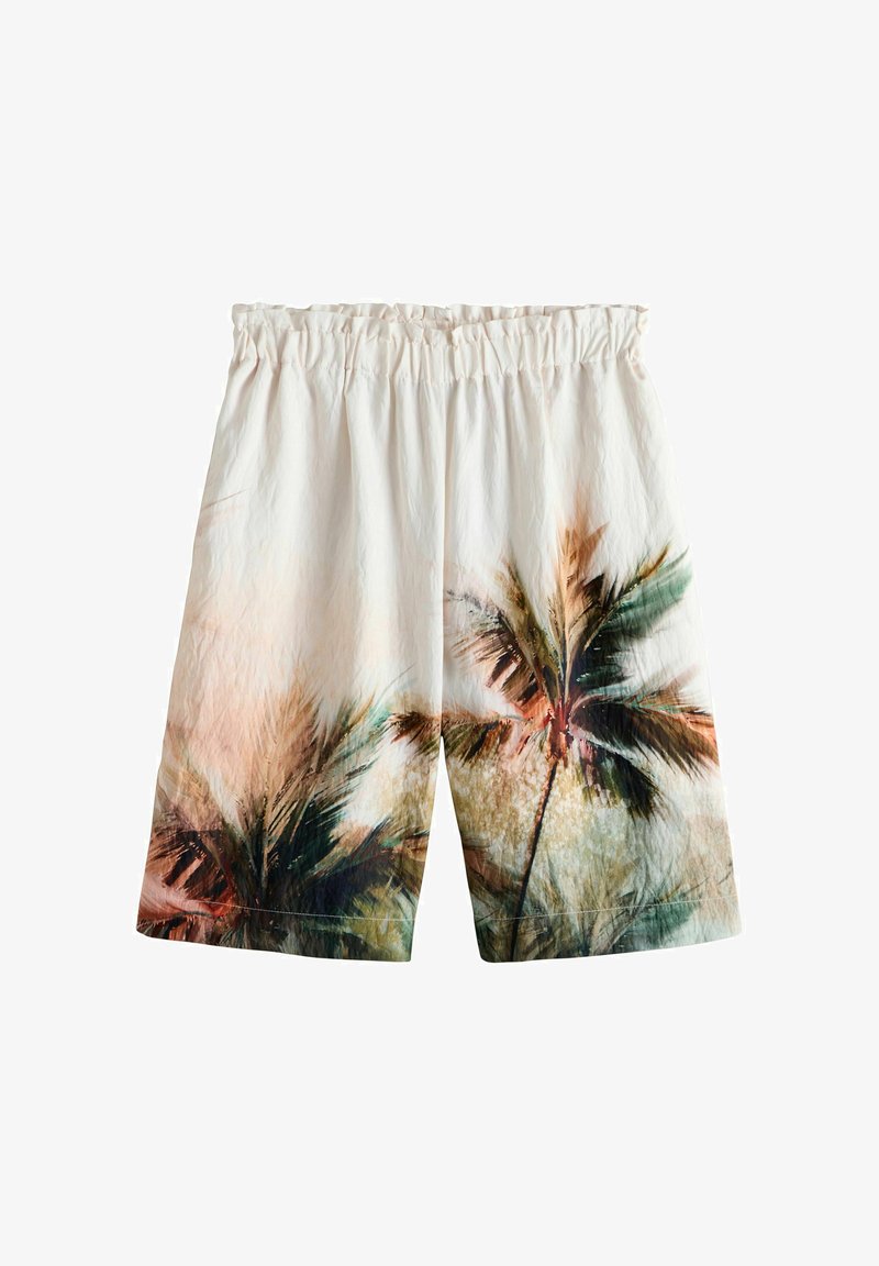 Hvide shorts med elastisk talje og trykt design af palmer og tropisk løv i grønne og brune nuancer.